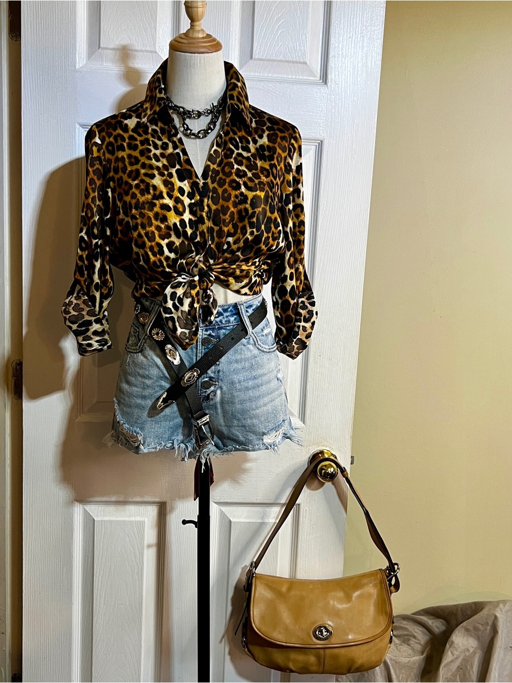 Express Wms Cheetah Print Satin Roll Sleeve Boho Maximalist Statement Glam Top M